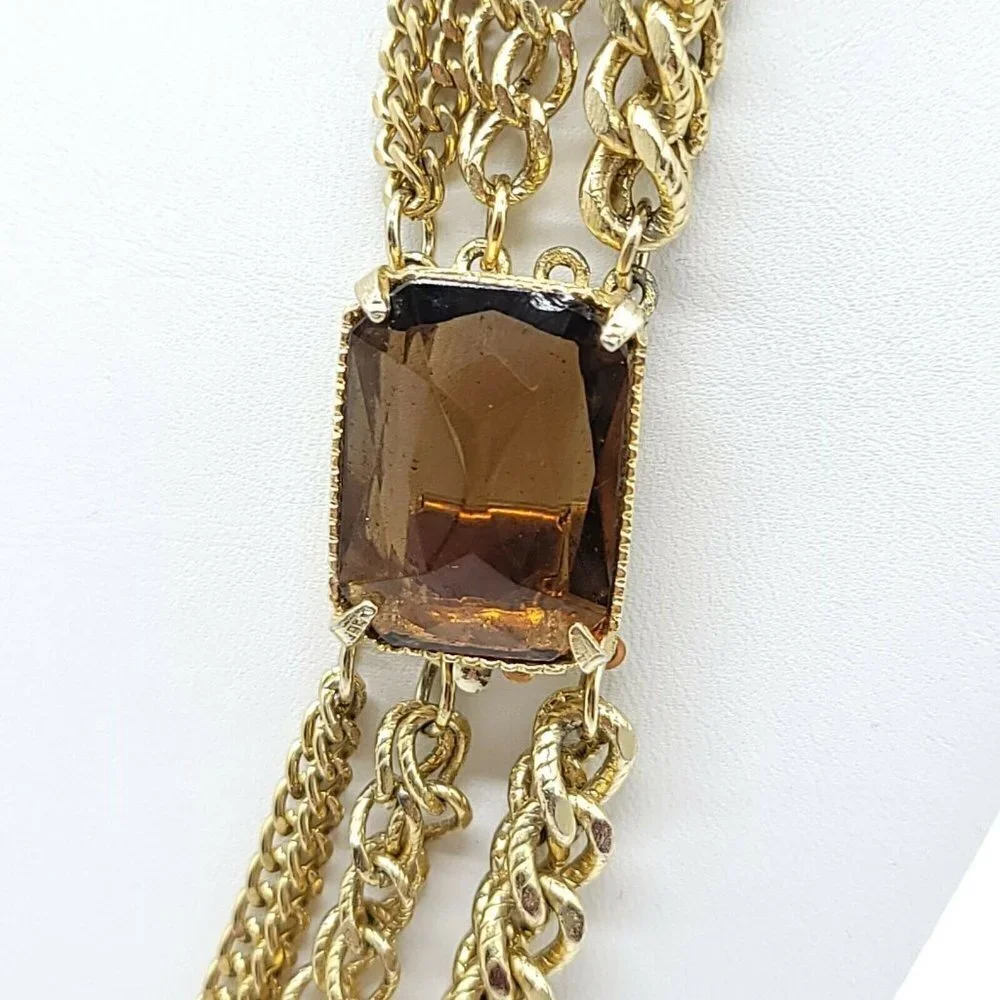 Heavy Faceted Topaz Glass Rhinestone Multi-Strand Chain Link Necklace Vintage